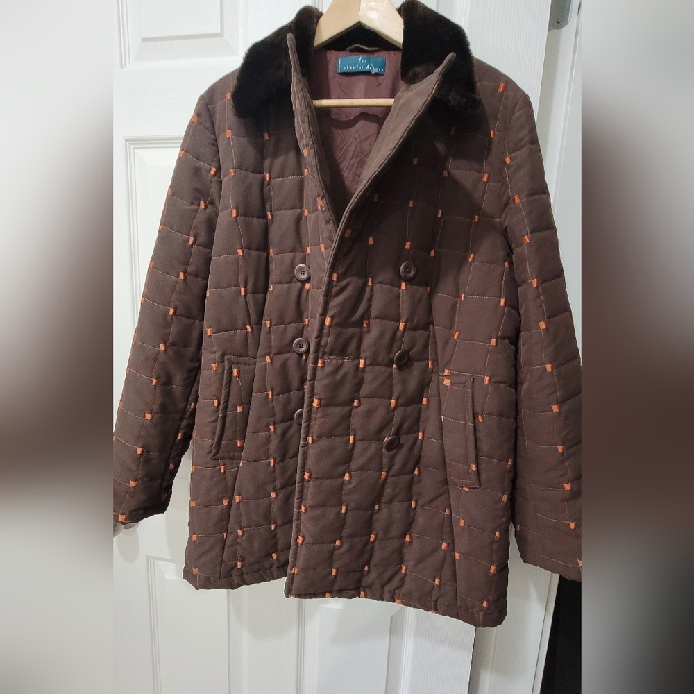 Les Chemins Blanc Brown Quilted Coat with Faux Fur Collar